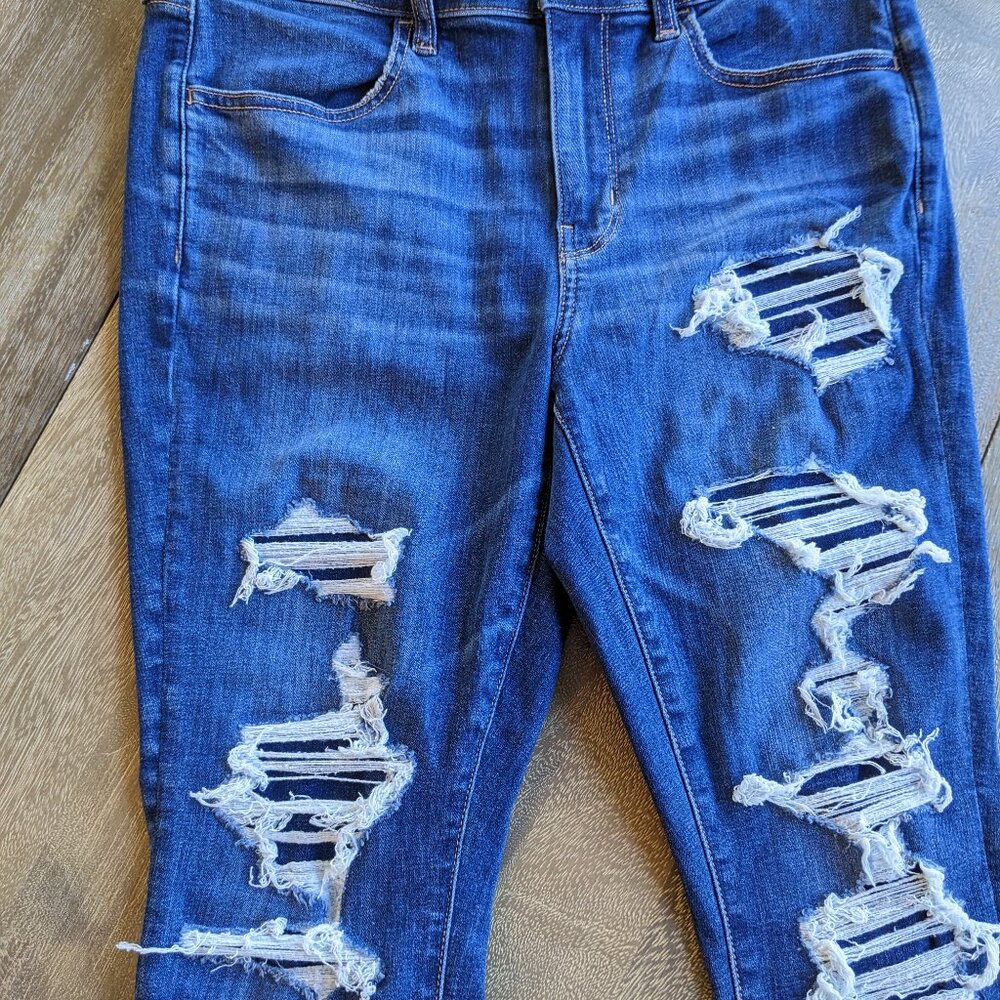 American Eagle Jegging Ripped Distressed Denim Blue Jeans Skinny Jeans, Size 12 - Picture 5 of 11